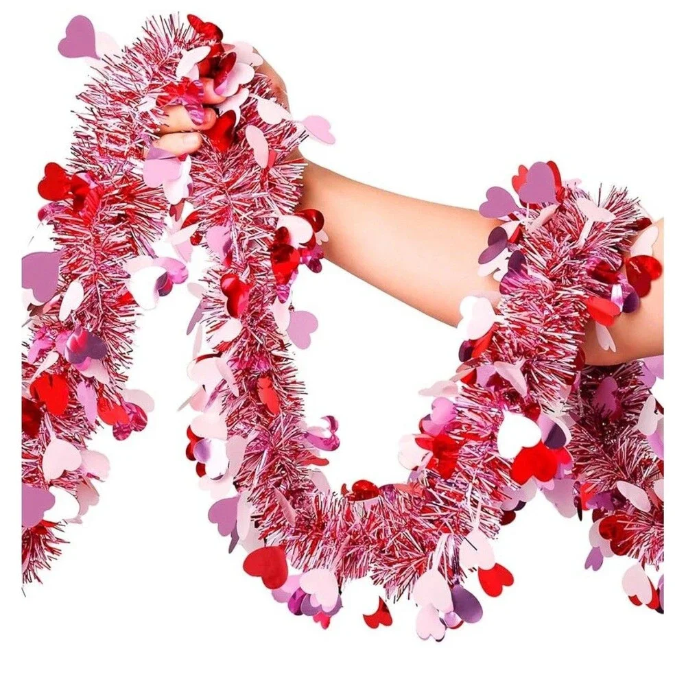 Valentines Garland Decor,50Ft Glitter Tinsel Heart Garland Decorations